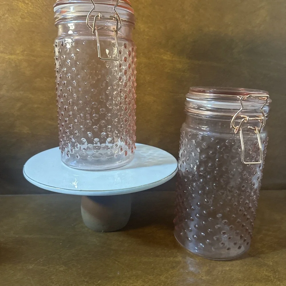 2-Hobnail Pink Glass Jar Canister Flip Top Lid 7-3/4